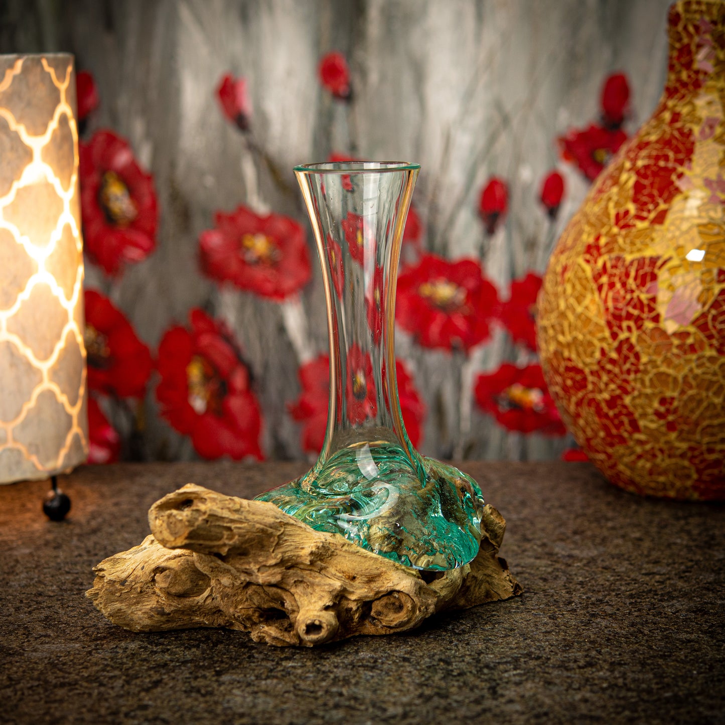 Gooseneck Blown Glass Vase on Natural Coffee Root Plinth