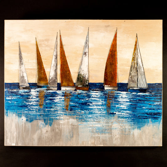 Hand-Painted Sailing Boats in White & Gold, Acrylic on Canvas