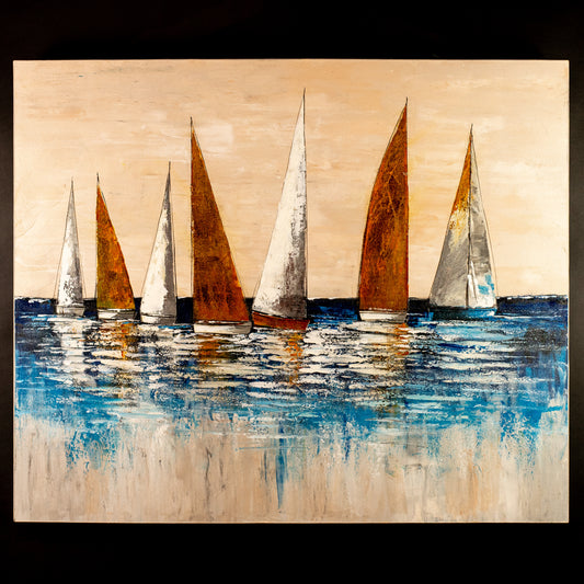 Hand-Painted Sailing Boats in White & Gold, Acrylic on Canvas