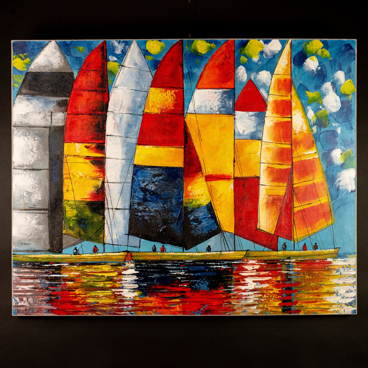 Hand-Painted Colorful Sailing Boats, Acrylic on Canvas