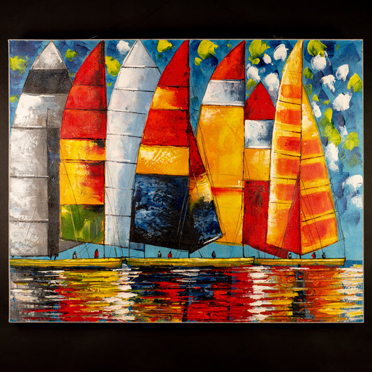 Hand-Painted Colorful Sailing Boats, Acrylic on Canvas