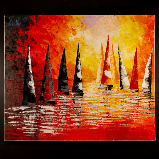 Hand-Painted Sailing Boats & Orange Sky and Sea, Acrylic on Canvas