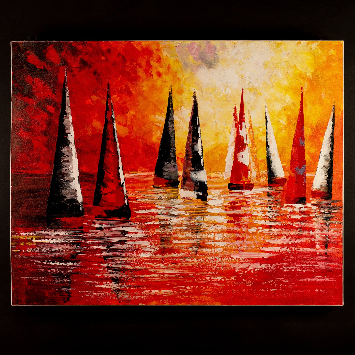 Hand-Painted Sailing Boats & Orange Sky and Sea, Acrylic on Canvas