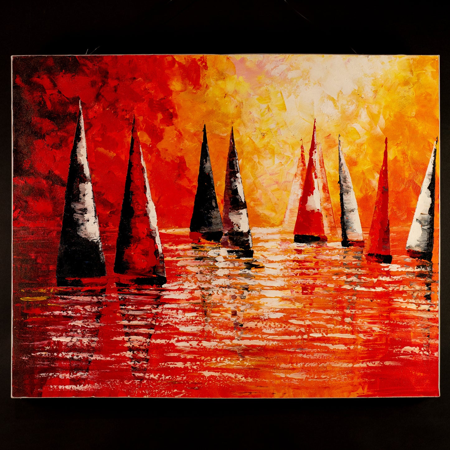 Hand-Painted Sailing Boats & Orange Sky and Sea, Acrylic on Canvas