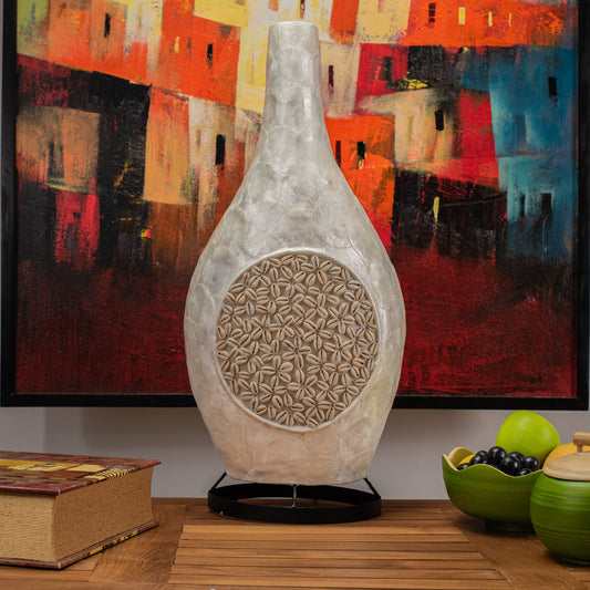 Hand Made Fambo Lamp with Mother of Pearl & Round Centered Seashell, H 51 x L 15 x W 15 cm