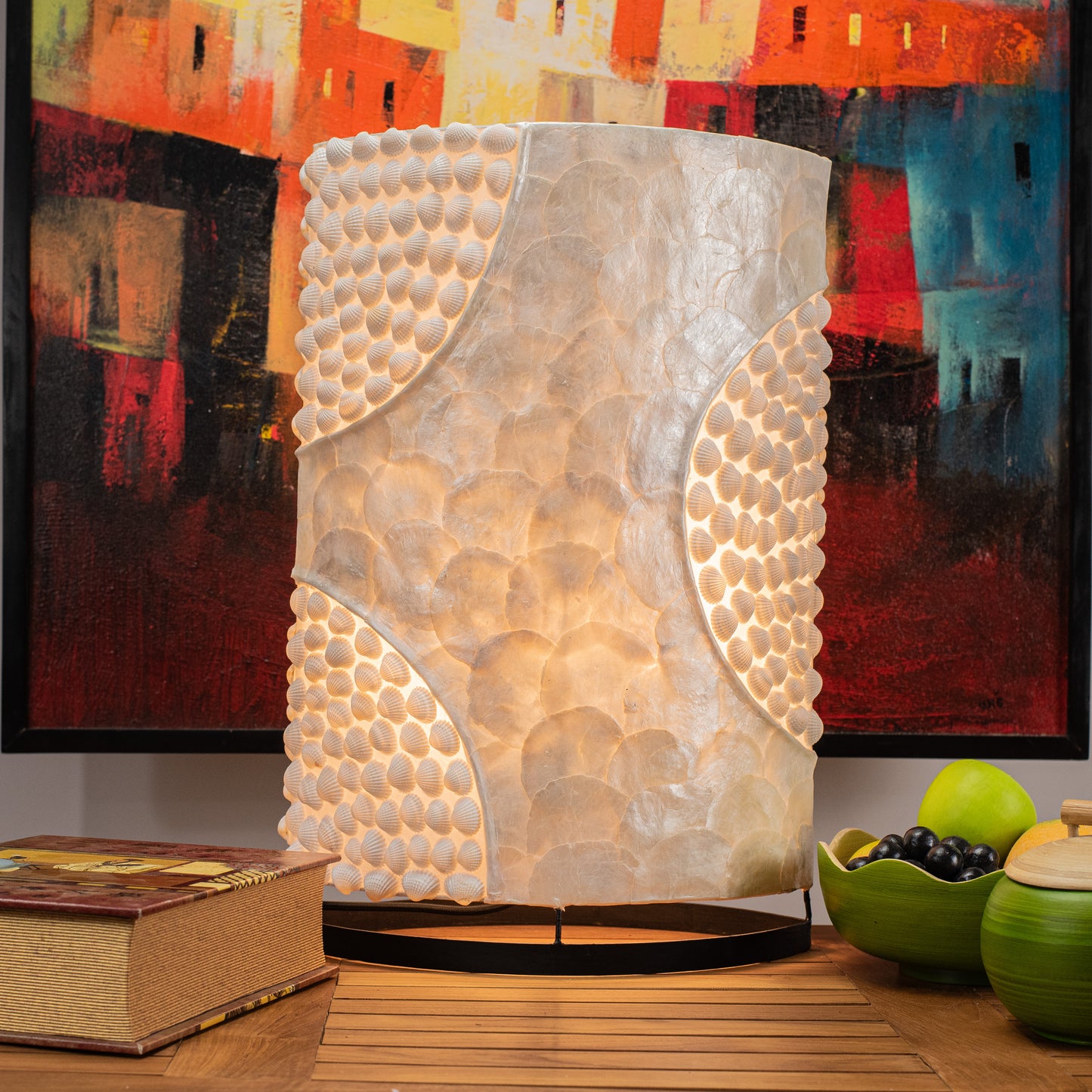Hand Made Oval Lamp with Mother of Pearl & Halfmoon Seashell
