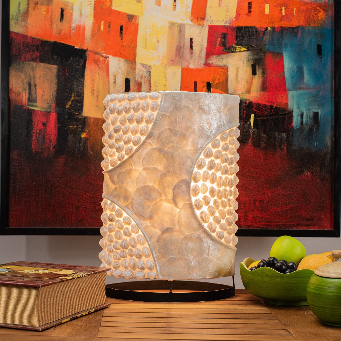 Hand Made Oval Lamp with Mother of Pearl & Halfmoon Seashell
