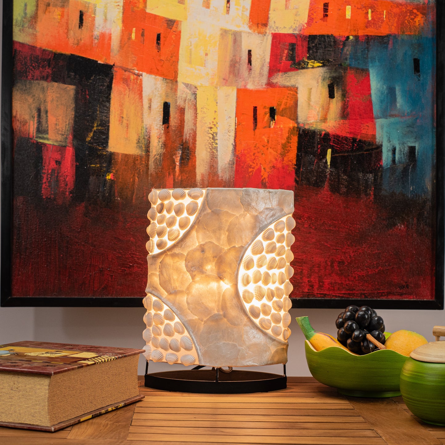 Hand Made Oval Lamp with Mother of Pearl & Halfmoon Seashell