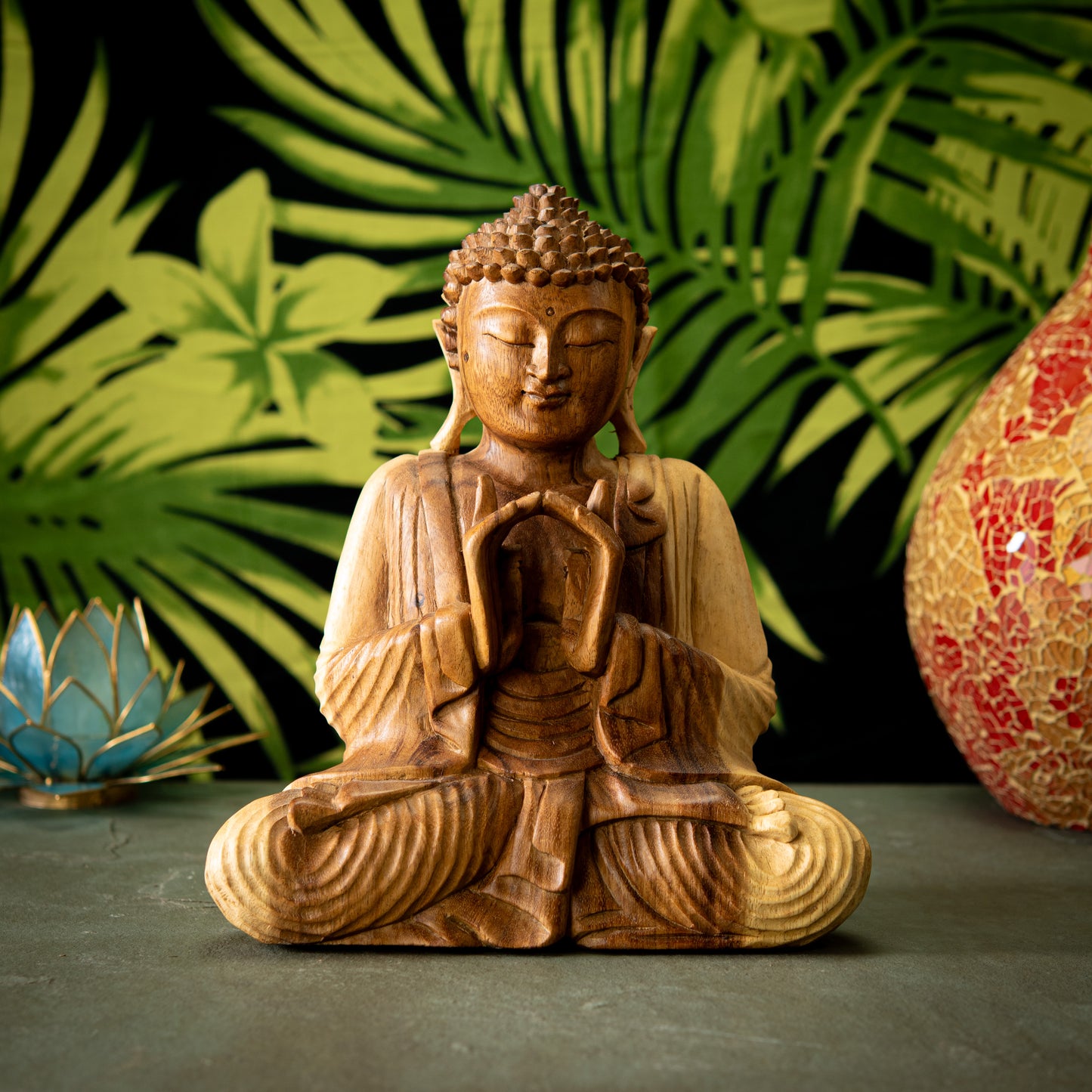 Hand Carved Wooden Buddha with Fingers Touched Sculpture