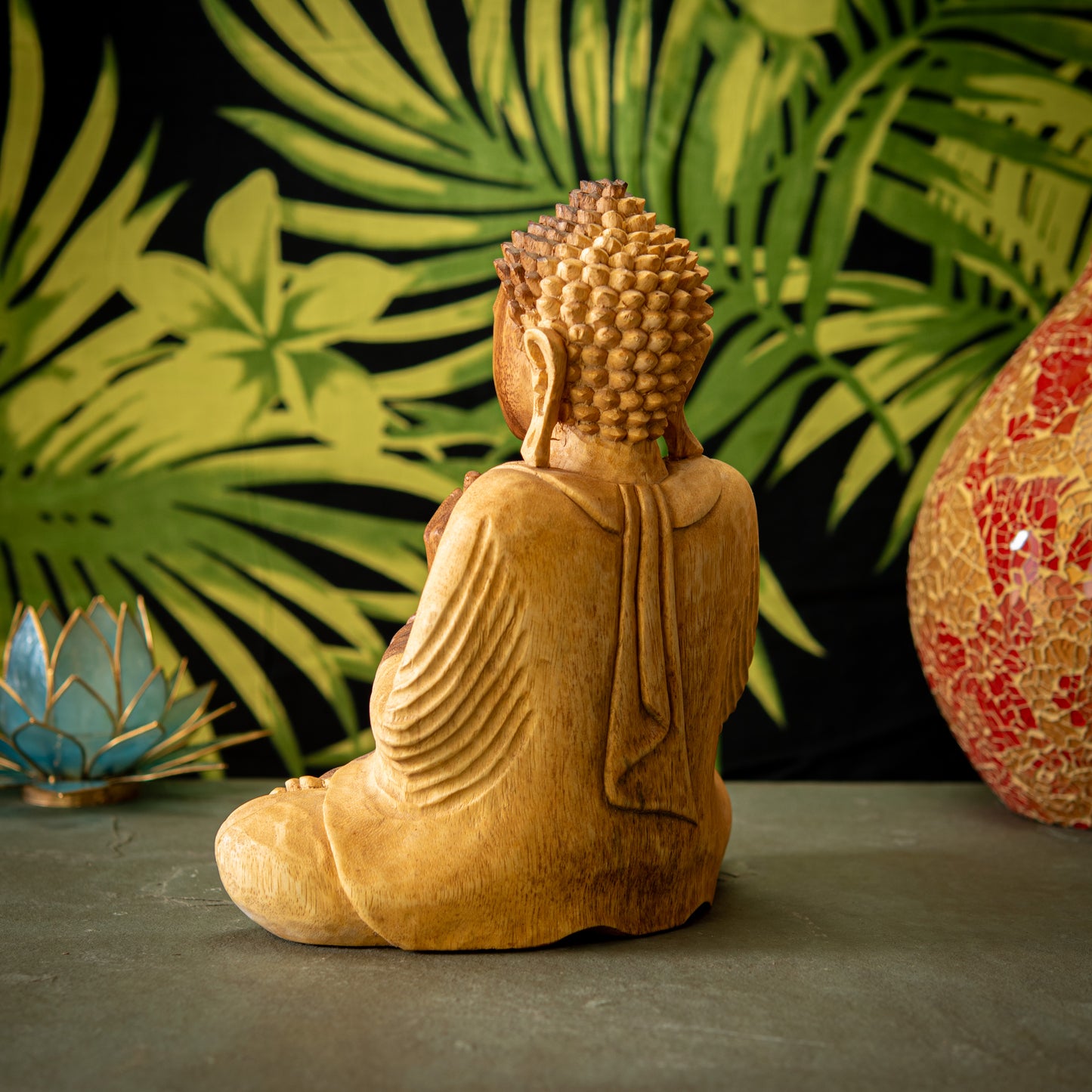 Hand Carved Wooden Buddha with Fingers Touched Sculpture