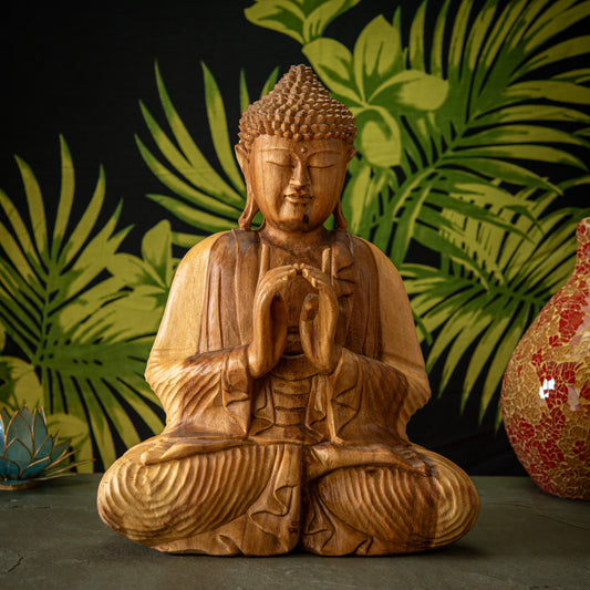Hand Carved Wooden Buddha with Fingers Touched Sculpture