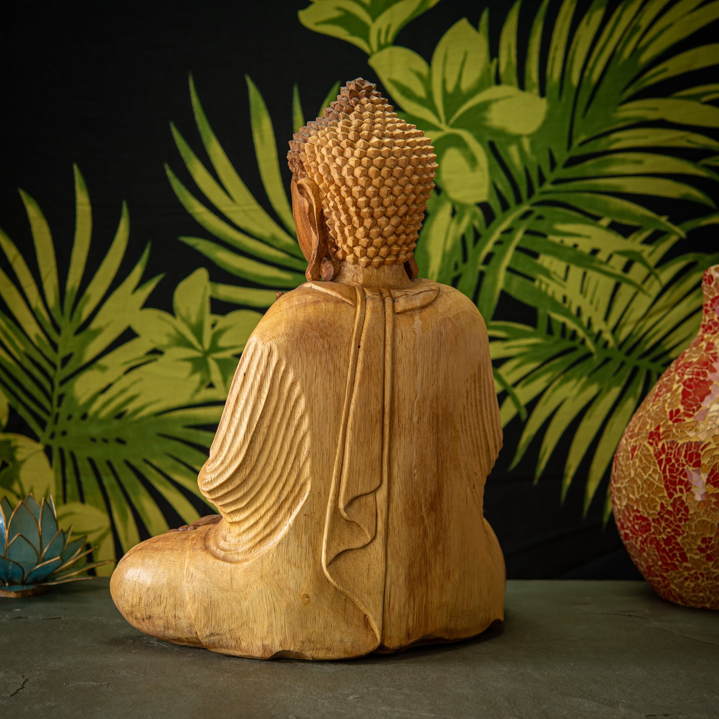 Hand Carved Wooden Buddha with Fingers Touched Sculpture