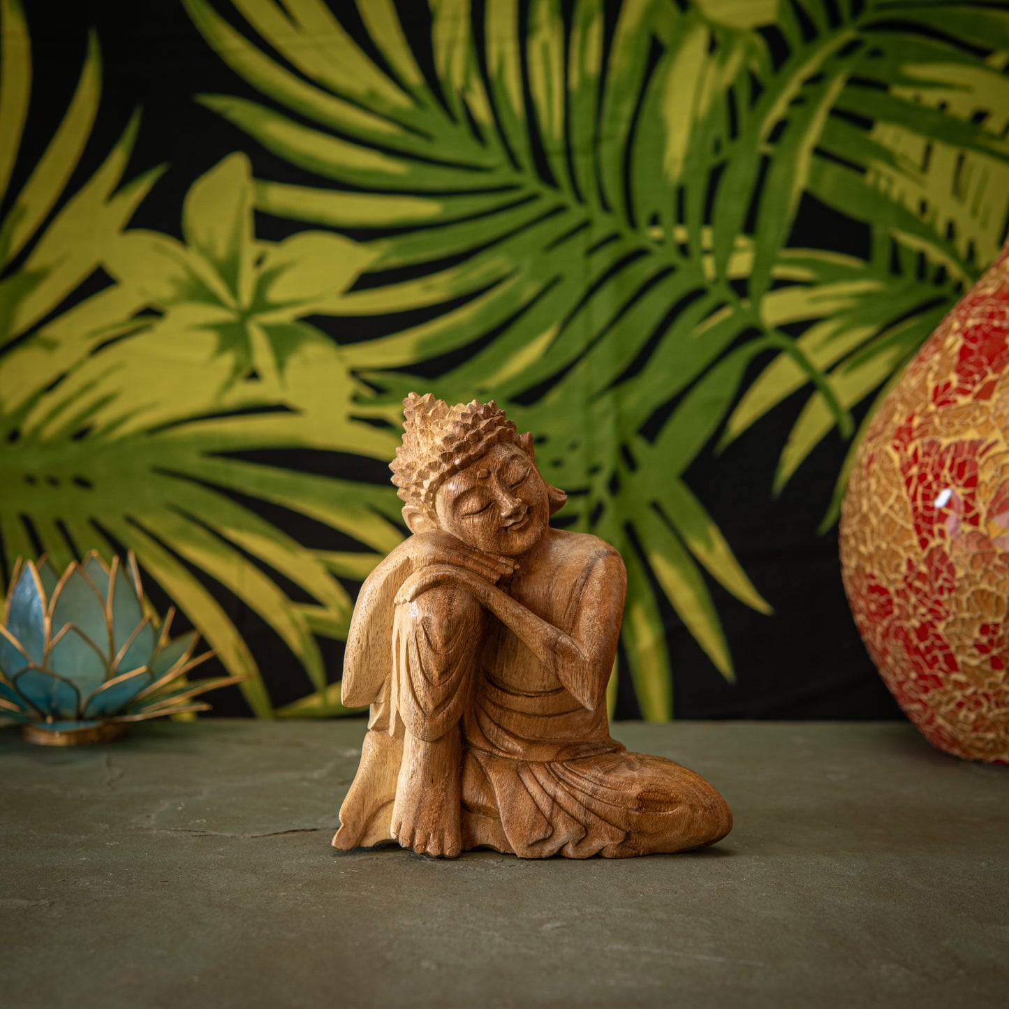 Hand Carved Wooden Buddha with Leaning Head Sculpture
