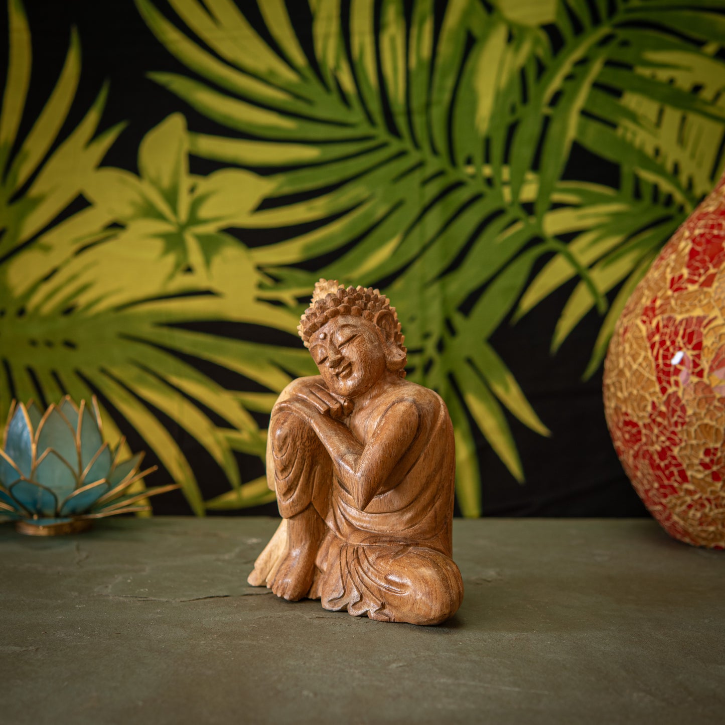 Hand Carved Wooden Buddha with Leaning Head Sculpture