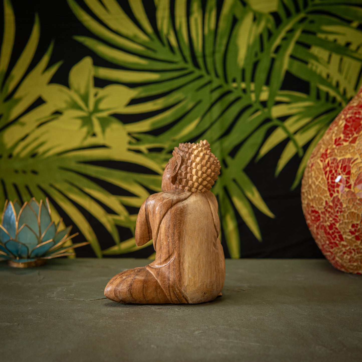 Hand Carved Wooden Buddha with Leaning Head Sculpture