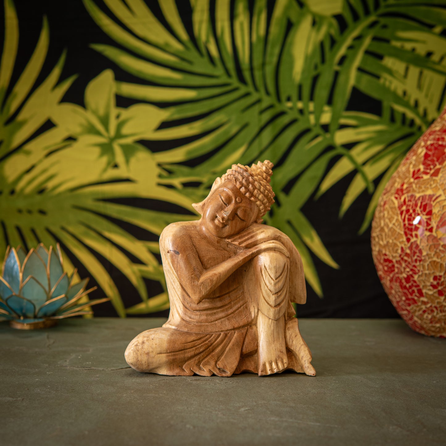 Hand Carved Wooden Buddha with Leaning Head Sculpture