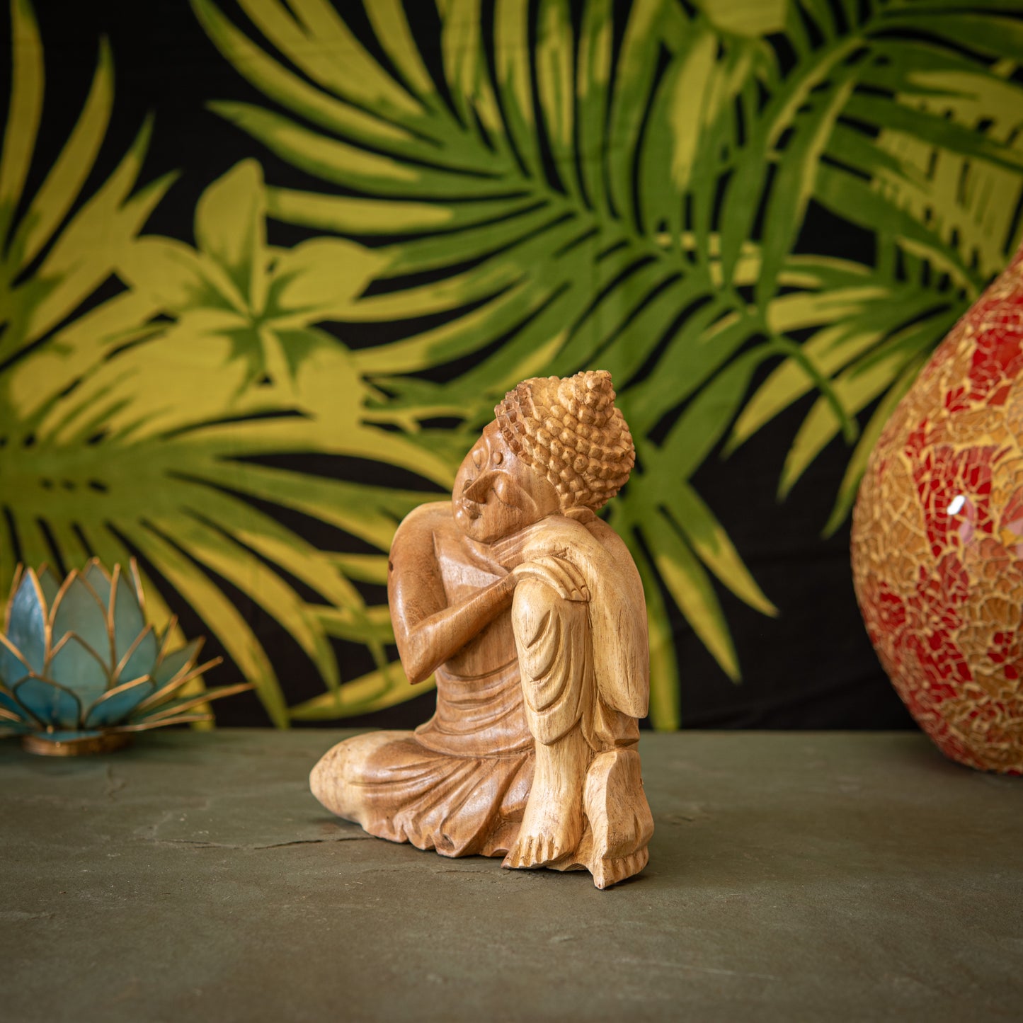 Hand Carved Wooden Buddha with Leaning Head Sculpture
