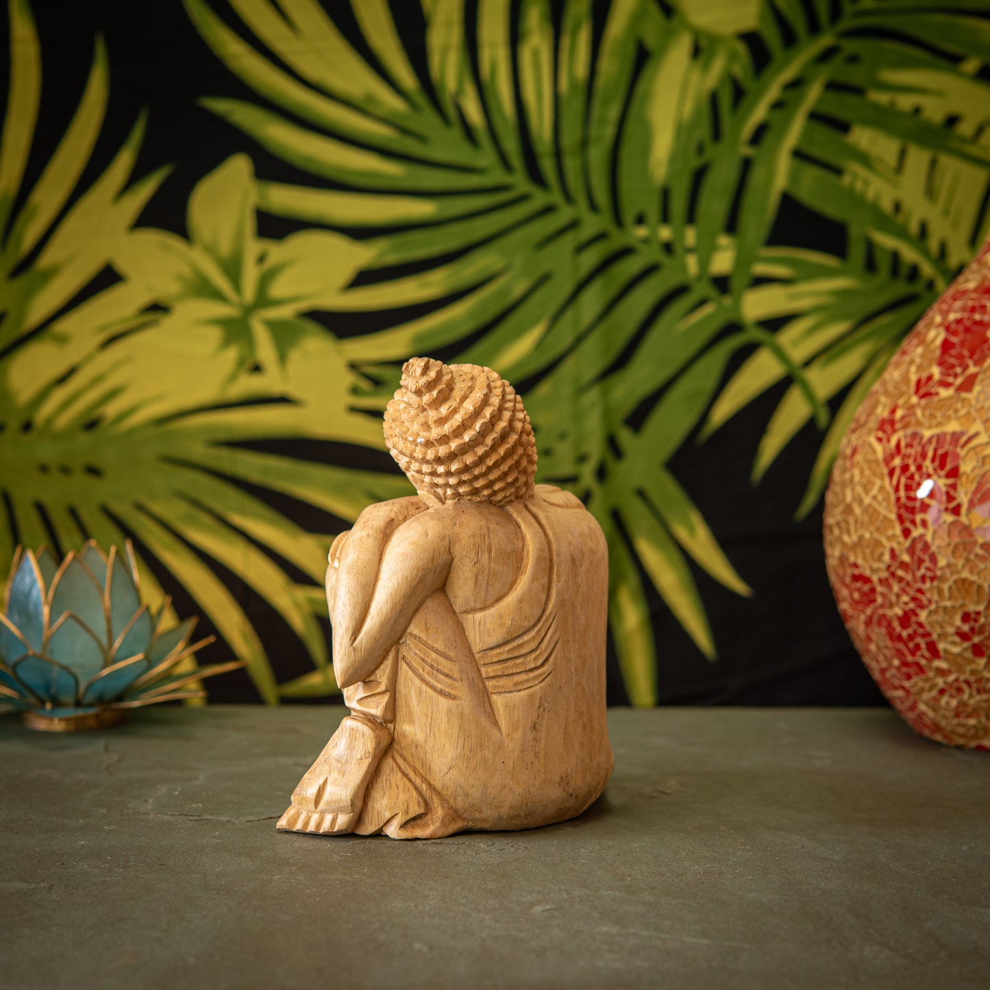 Hand Carved Wooden Buddha with Leaning Head Sculpture