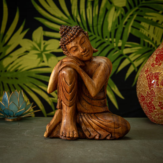 Hand Carved Wooden Buddha with Leaning Head Sculpture