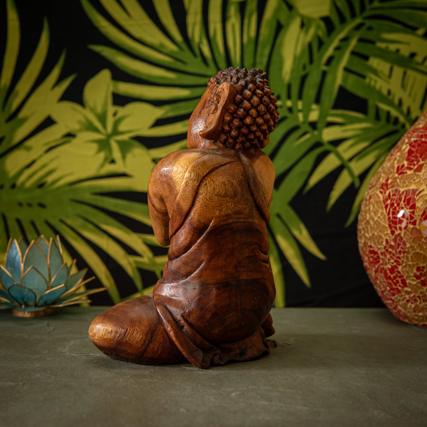 Hand Carved Wooden Buddha with Leaning Head Sculpture