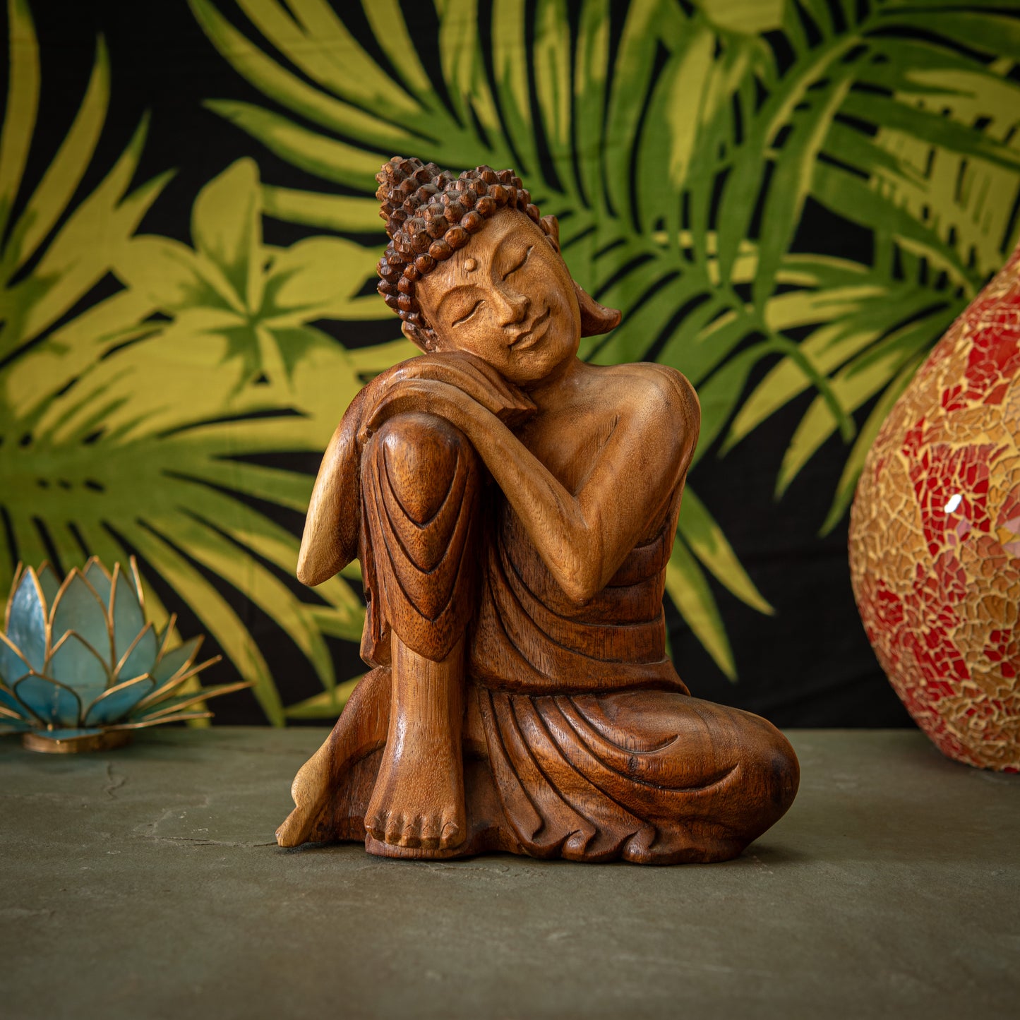 Hand Carved Wooden Buddha with Leaning Head Sculpture