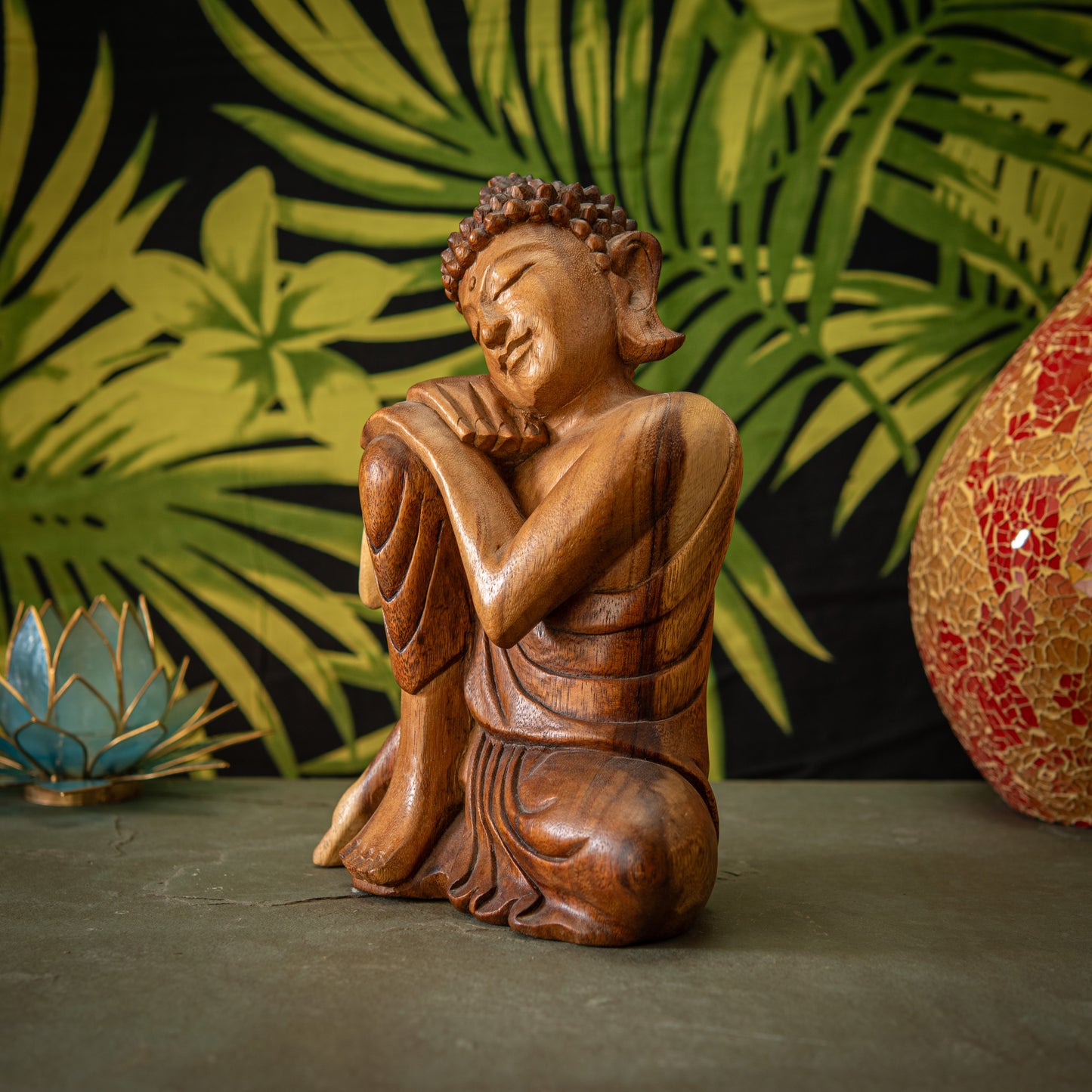 Hand Carved Wooden Buddha with Leaning Head Sculpture