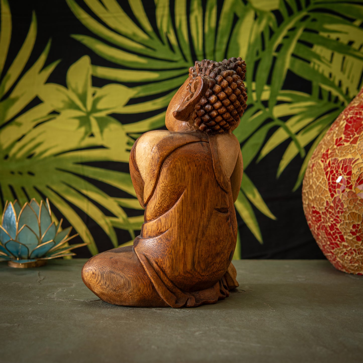 Hand Carved Wooden Buddha with Leaning Head Sculpture
