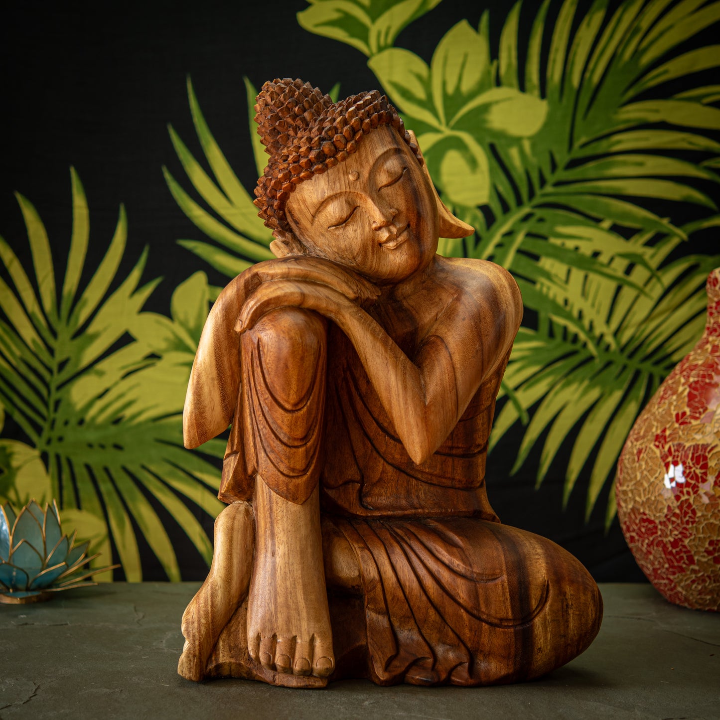 Hand Carved Wooden Buddha with Leaning Head Sculpture