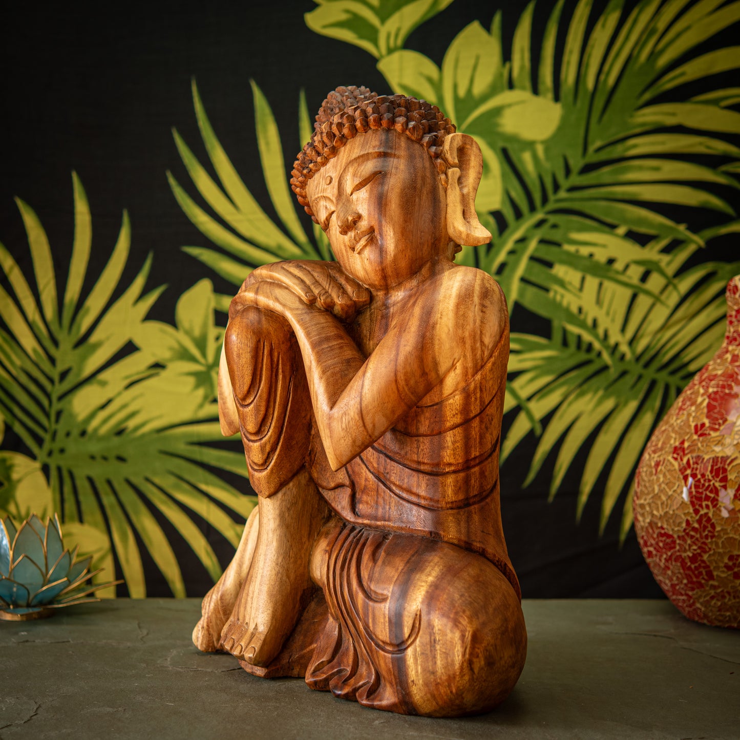 Hand Carved Wooden Buddha with Leaning Head Sculpture