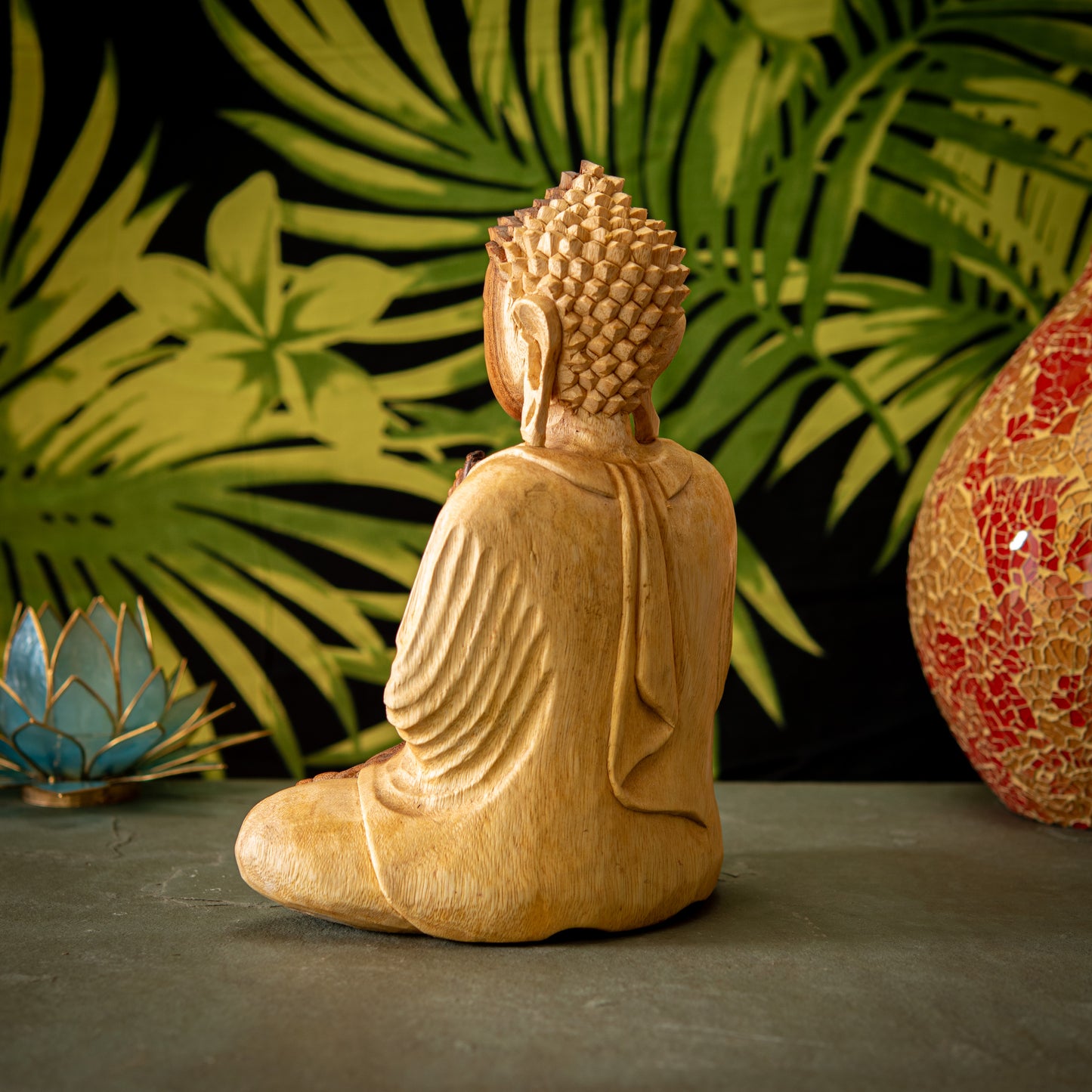 Hand Carved Natural Wooden Praying Buddha Sculpture