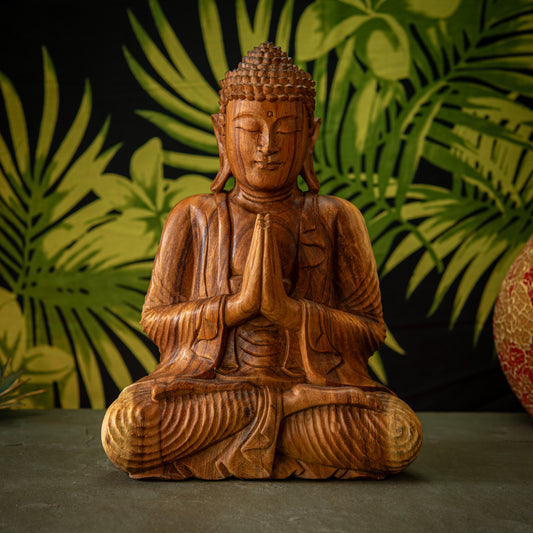 Hand Carved Natural Wooden Praying Buddha Sculpture