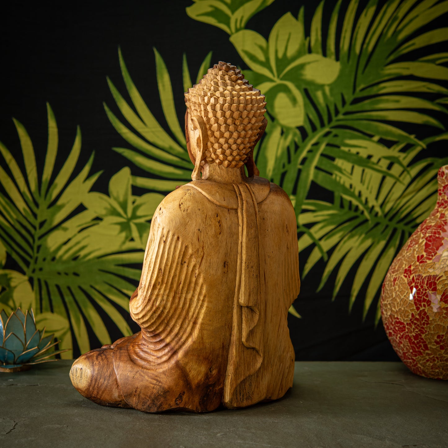 Hand Carved Natural Wooden Praying Buddha Sculpture
