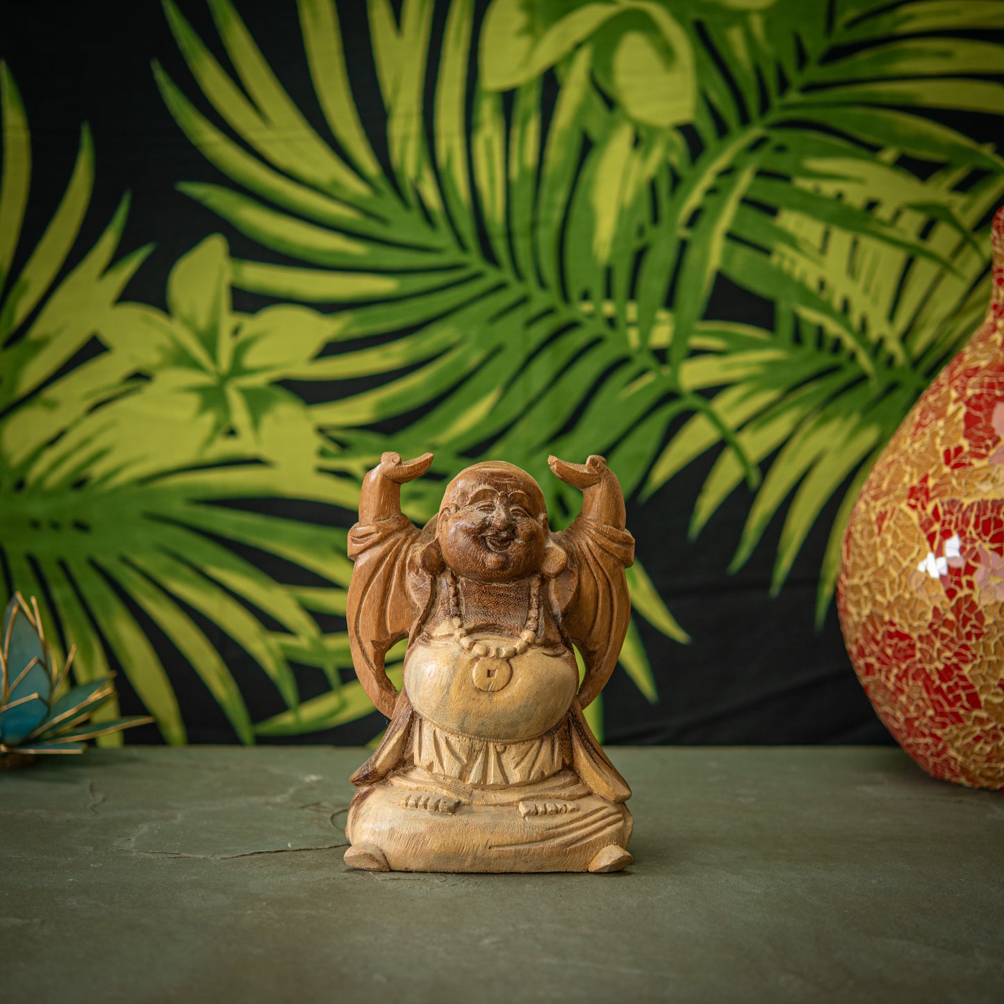 Hand Carved Wooden Hands Up Happy Buddha Sculpture