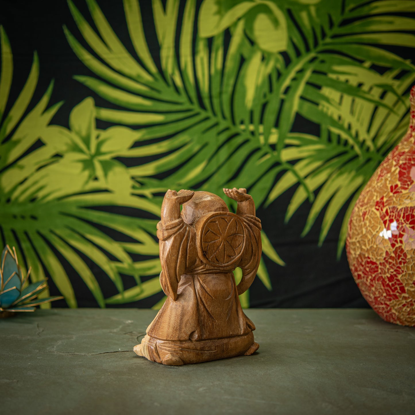 Hand Carved Wooden Hands Up Happy Buddha Sculpture