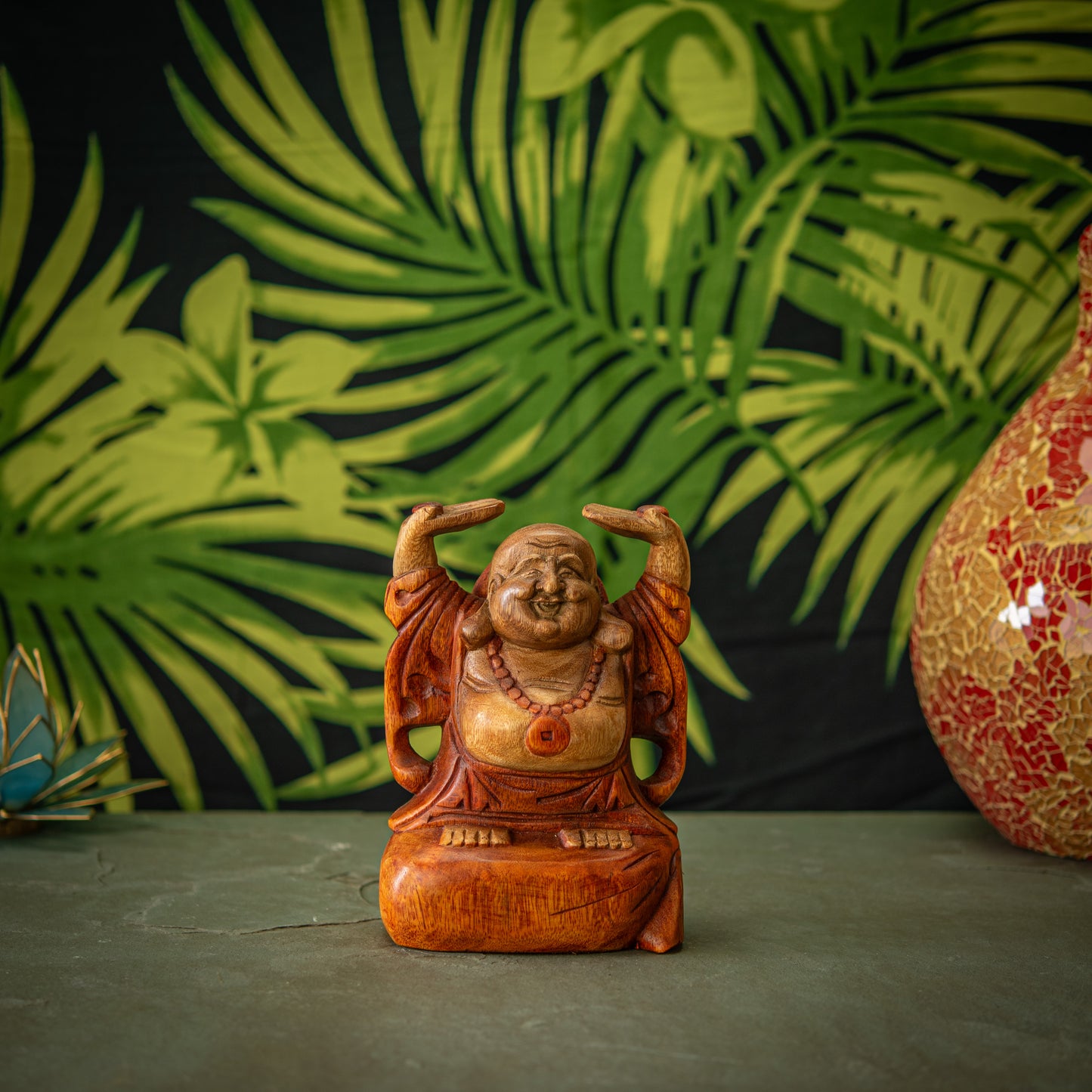 Hand Carved Wooden Hands Up Happy Buddha Sculpture