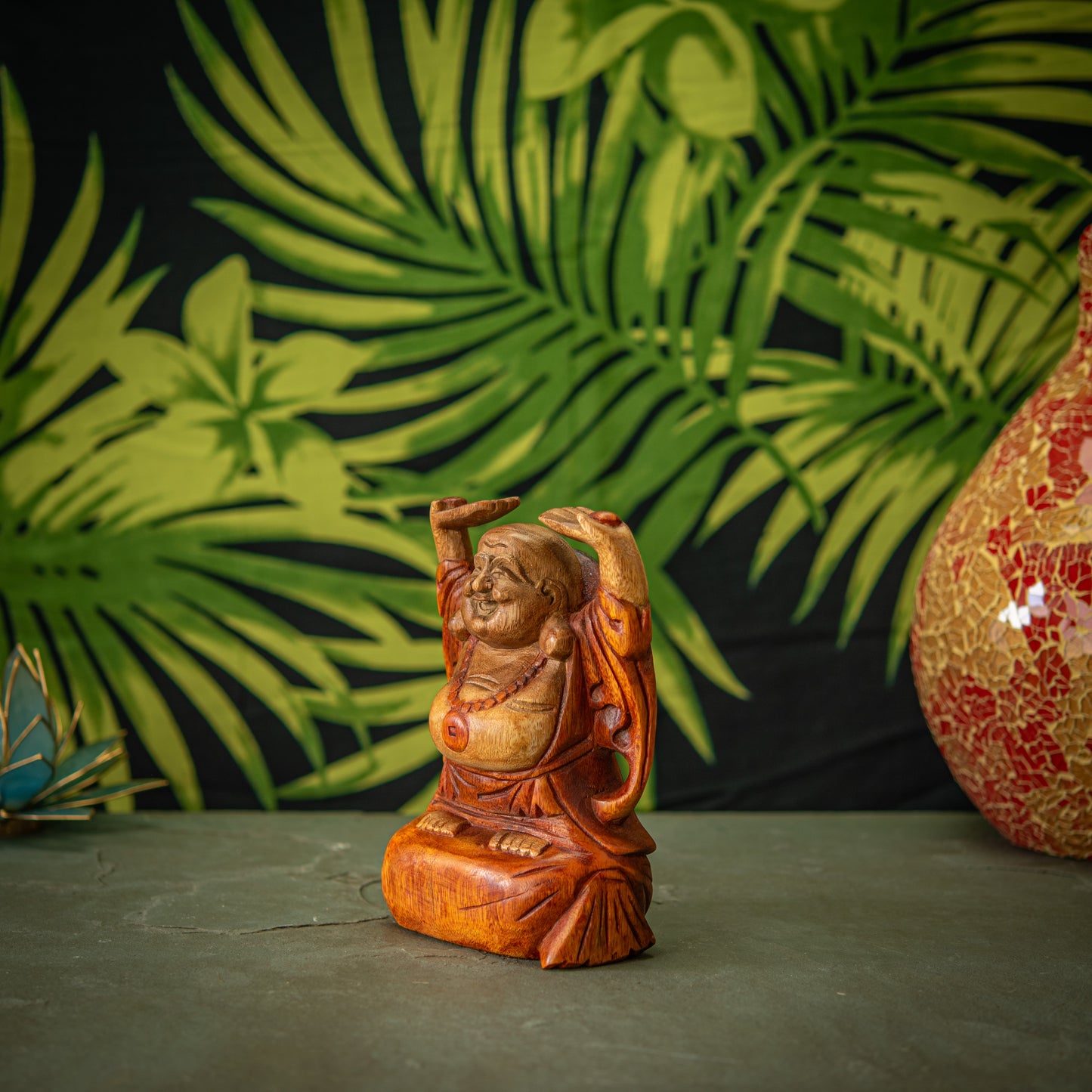 Hand Carved Wooden Hands Up Happy Buddha Sculpture