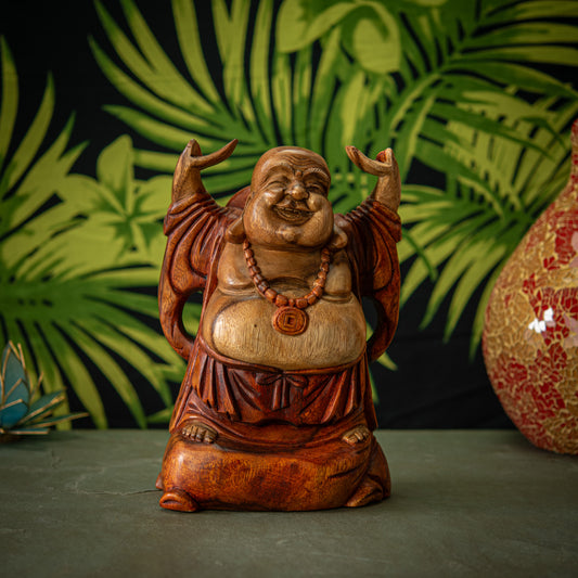 Hand Carved Wooden Hands Up Happy Buddha Sculpture