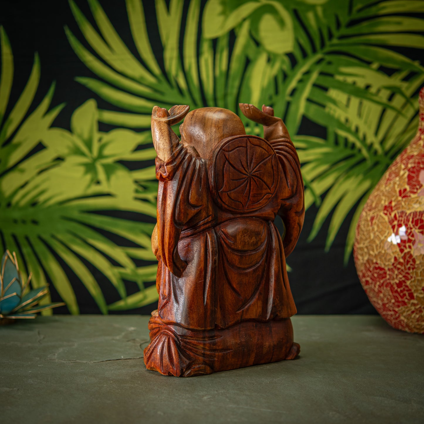Hand Carved Wooden Hands Up Happy Buddha Sculpture