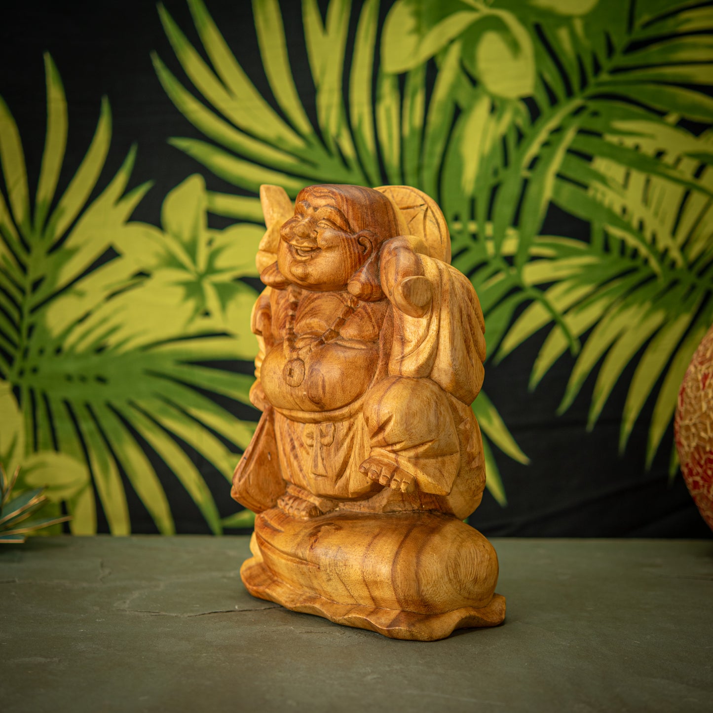 Hand Carved Wooden Hands Up Happy Buddha Sculpture
