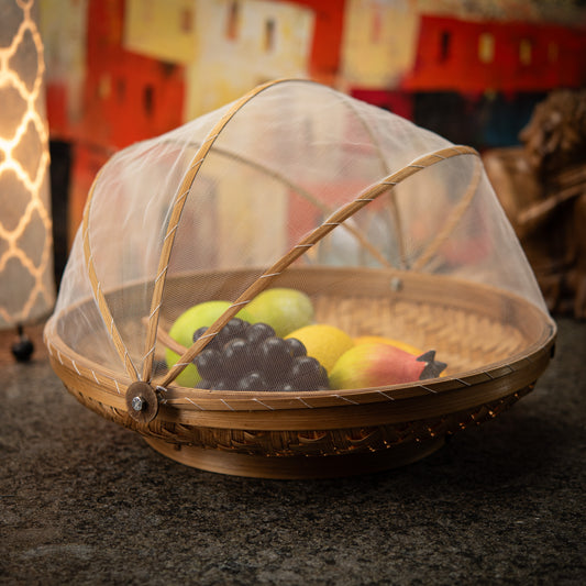 Hand-Made Round Bamboo Basket with Net Cover