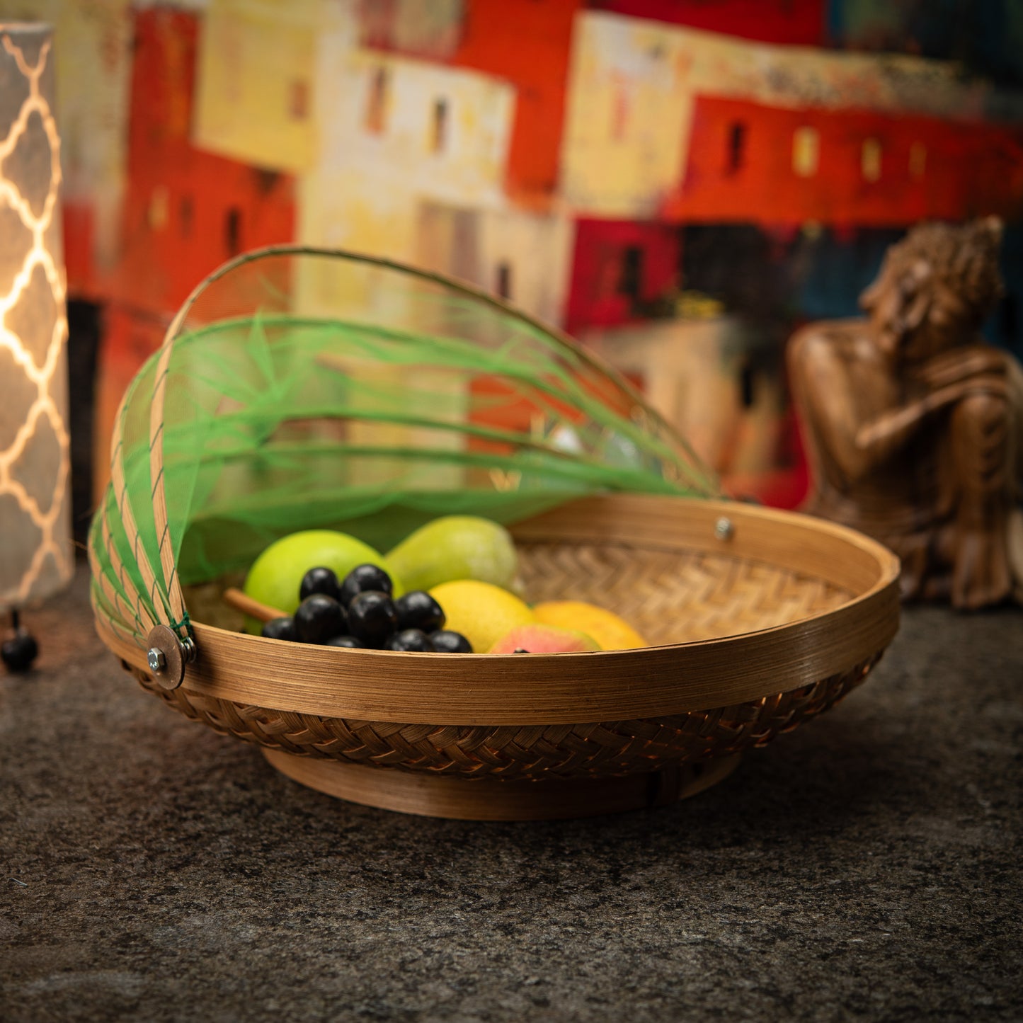 Hand-Made Round Bamboo Basket with Net Cover