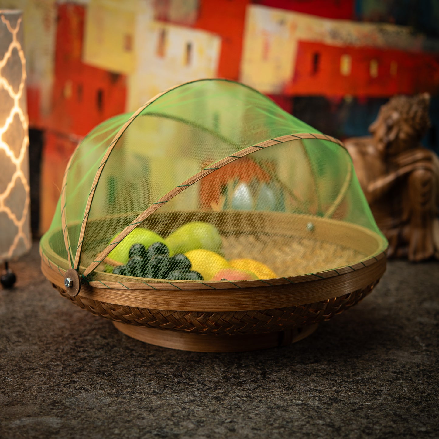 Hand-Made Round Bamboo Basket with Net Cover