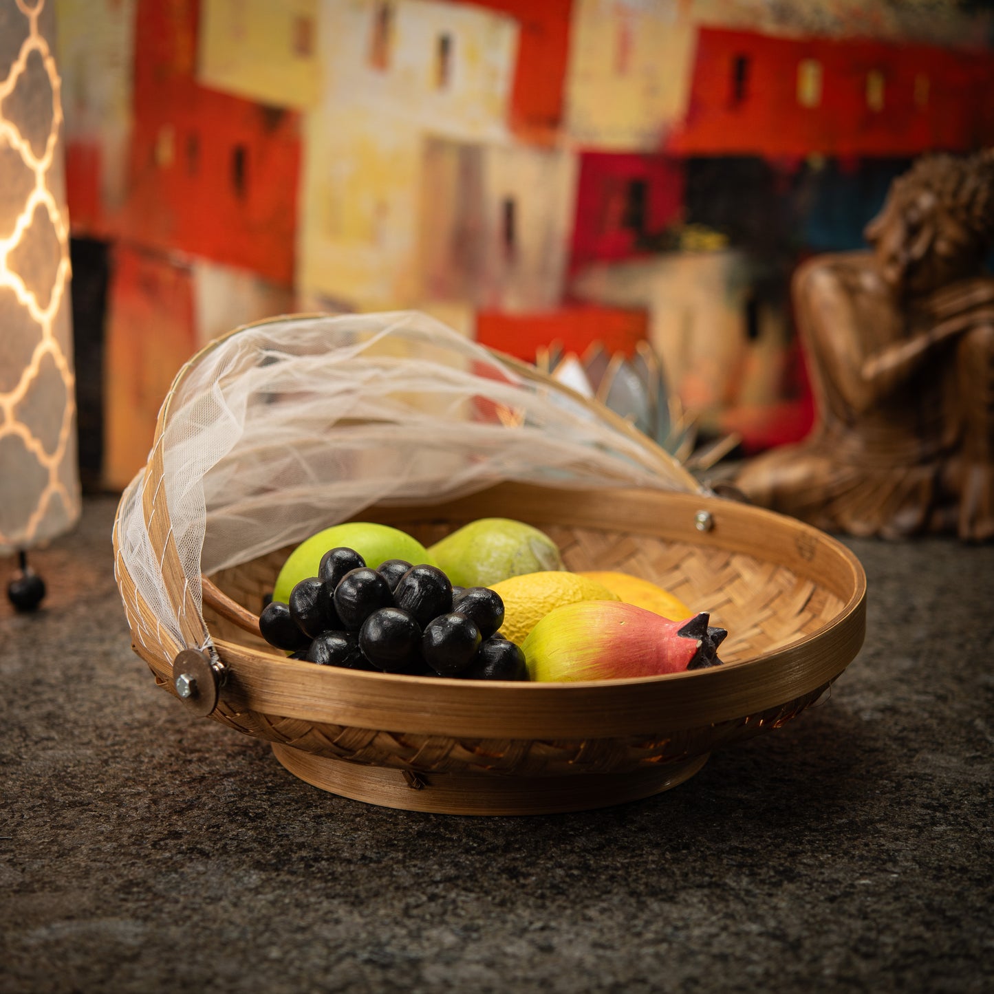 Hand-Made Round Bamboo Basket with Net Cover