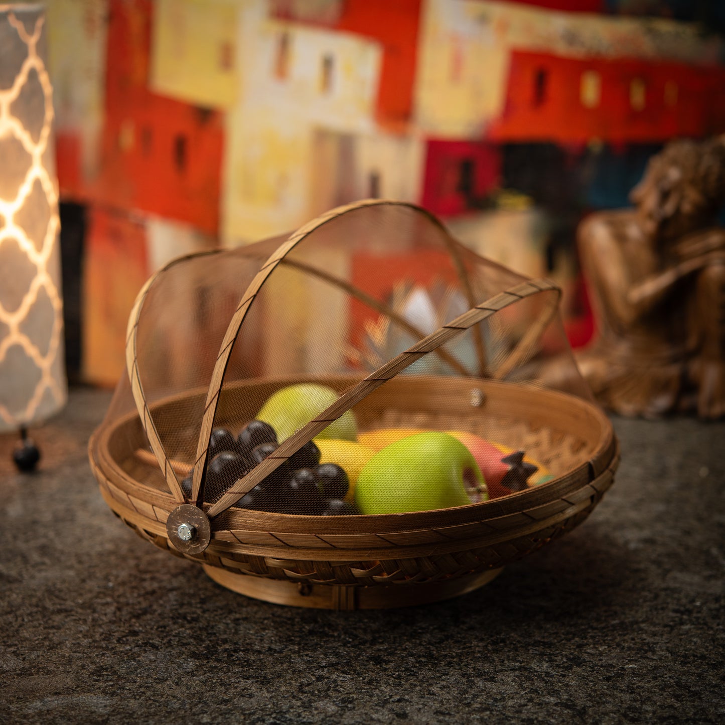Hand-Made Round Bamboo Basket with Net Cover