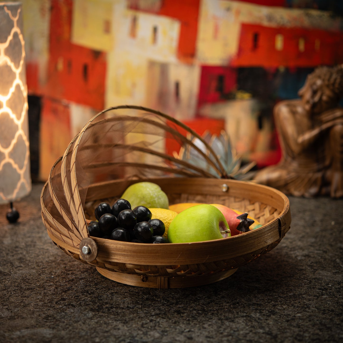 Hand-Made Round Bamboo Basket with Net Cover