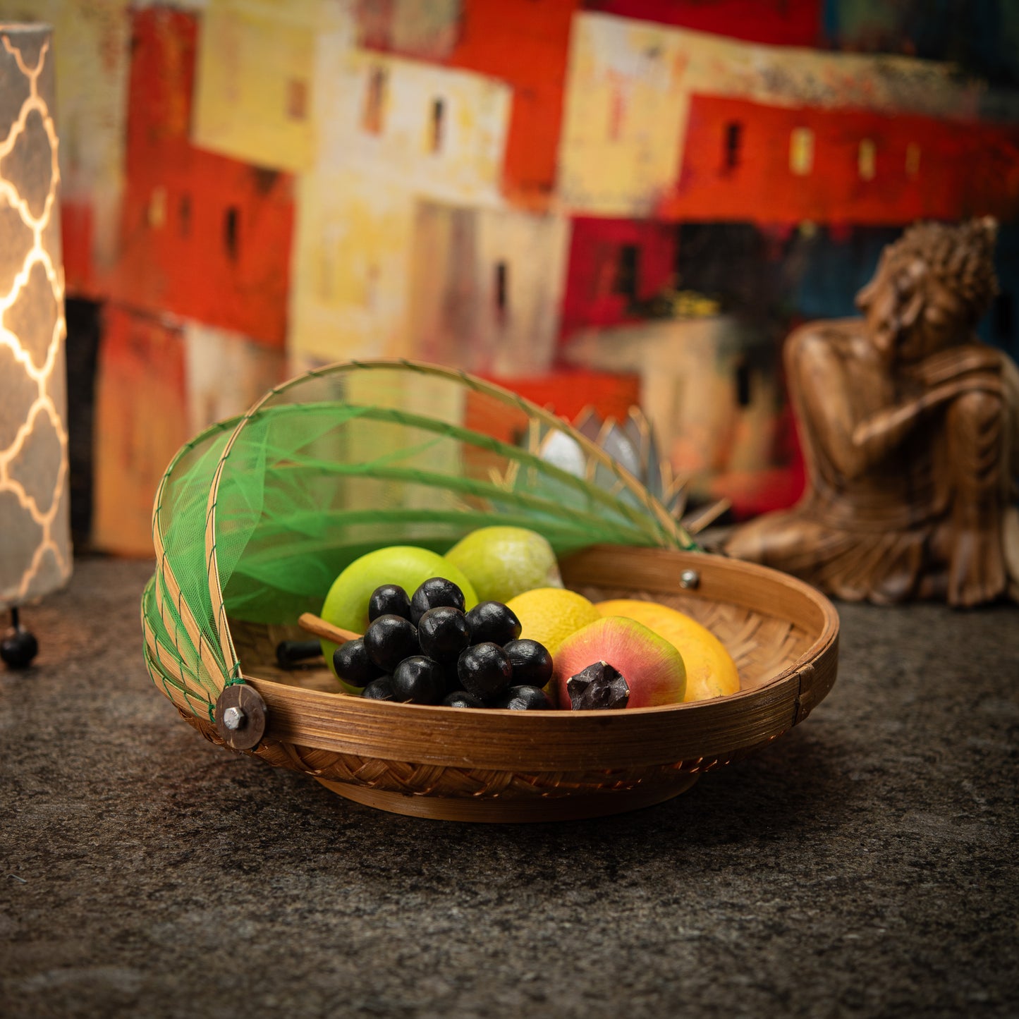 Hand-Made Round Bamboo Basket with Net Cover