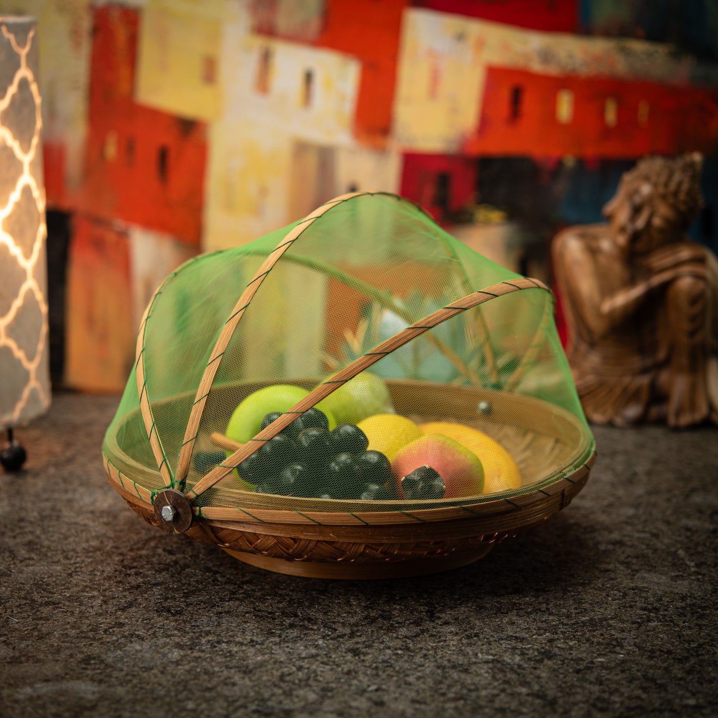 Hand-Made Round Bamboo Basket with Net Cover