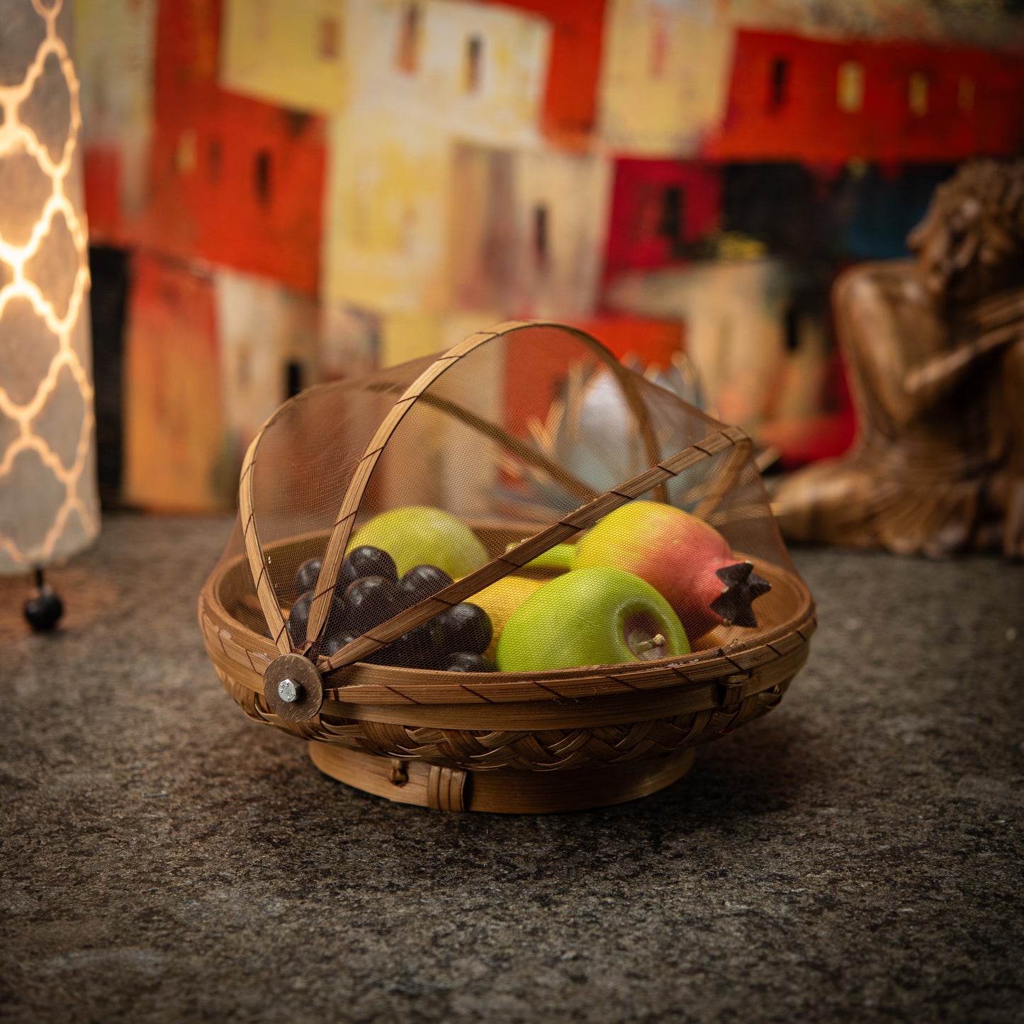 Hand-Made Round Bamboo Basket with Net Cover