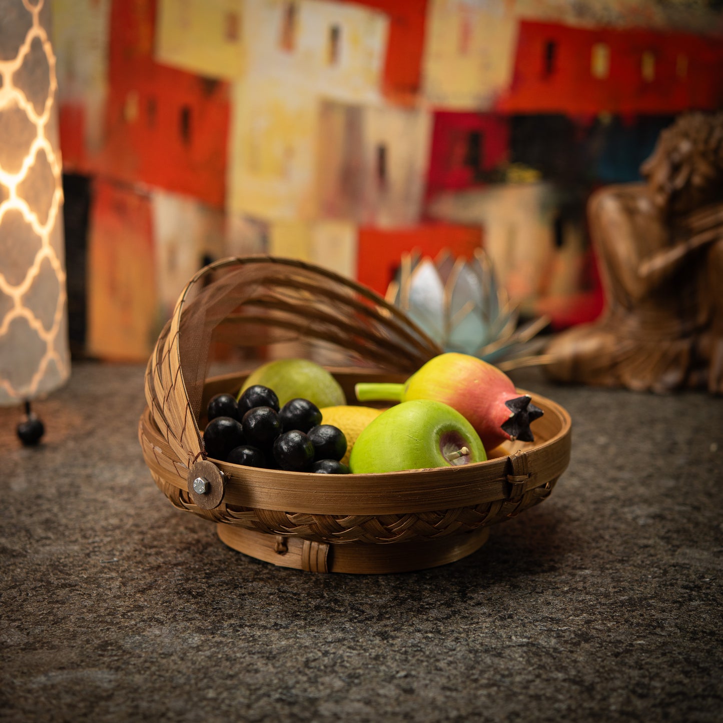 Hand-Made Round Bamboo Basket with Net Cover