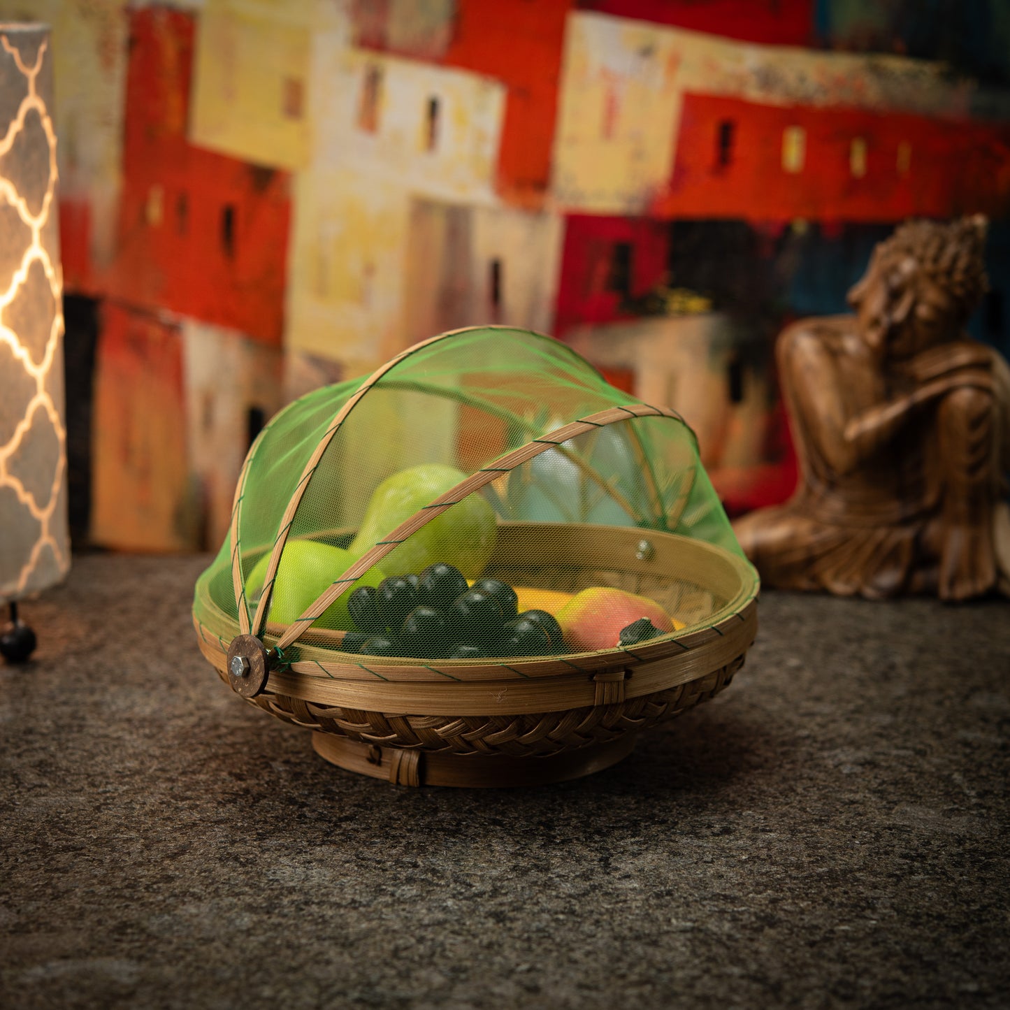 Hand-Made Round Bamboo Basket with Net Cover